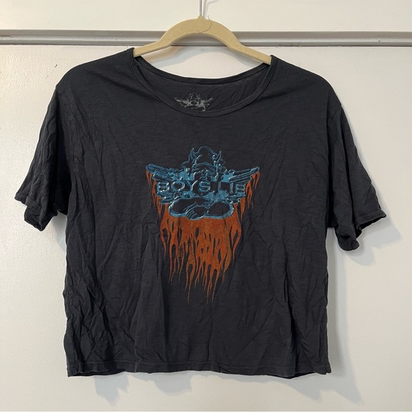 Boys Lie Ask me if I care slub tee charcoal Crop Top Revolve Blue Orange Graphic - Picture 2 of 4